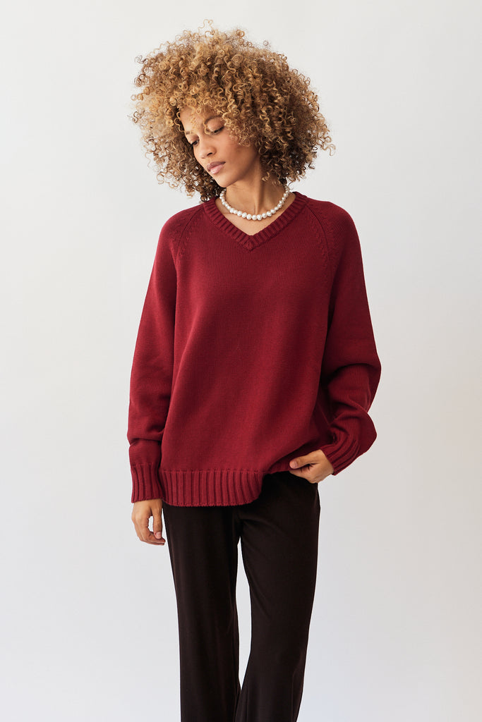 Donni Cotton Cashmere V-Neck Sweater in Rouge at Parc Shop | Minneapolis, MN