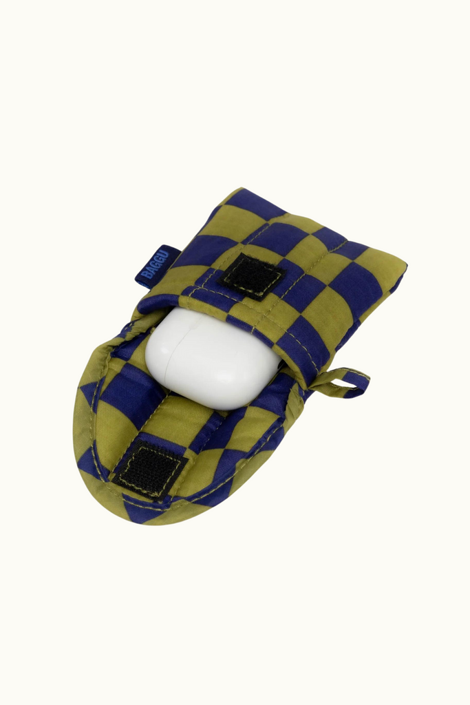 Baggu Puffy Earbuds Case in Pear Navy Check at Parc Shop