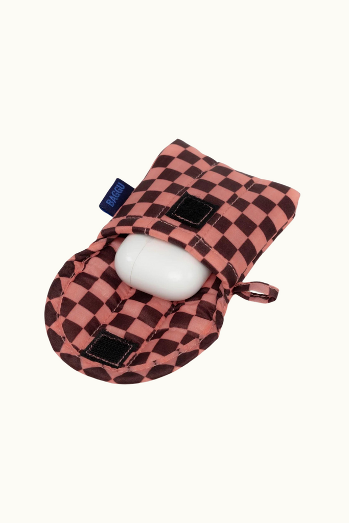 Baggu  Puffy Earbuds Case in Pink Brown Check at Parc Shop