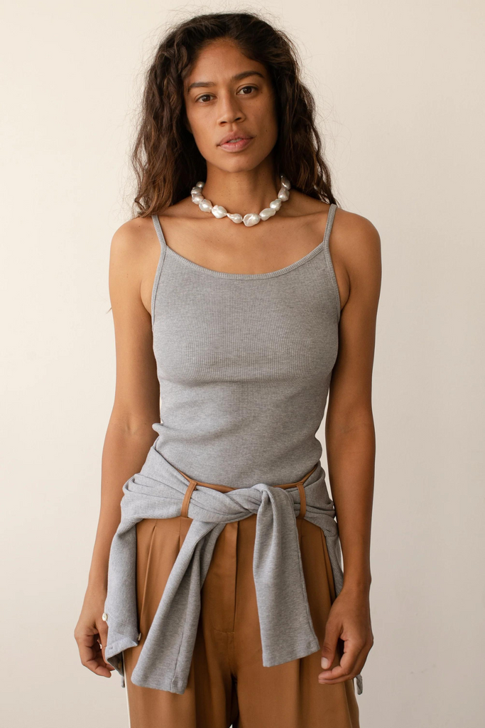 Donni Rib Spaghetti Tank in Heather Grey at Parc Shop 