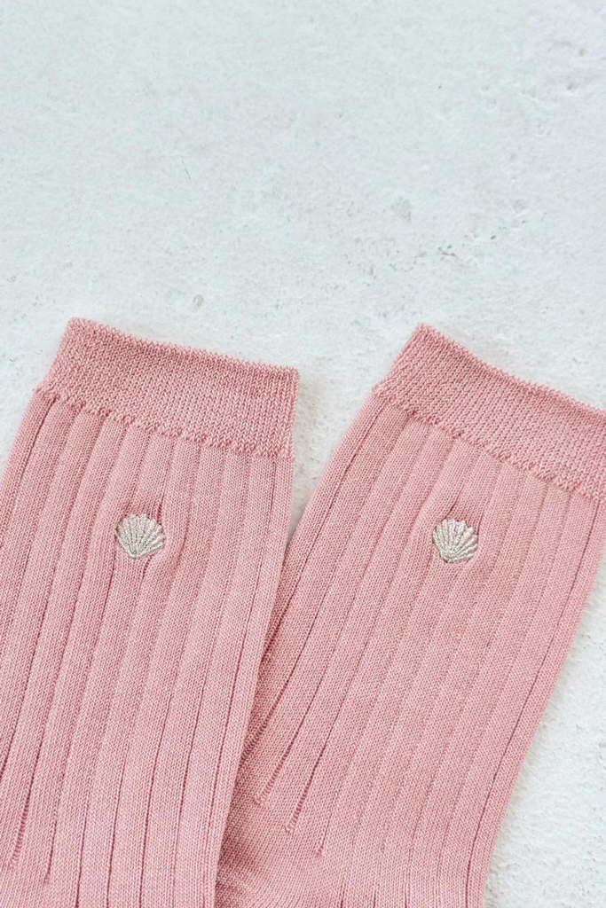 Le Bon Shoppe Embroidered Her Socks Pink Soda + Silver Seashell at Parc Shop