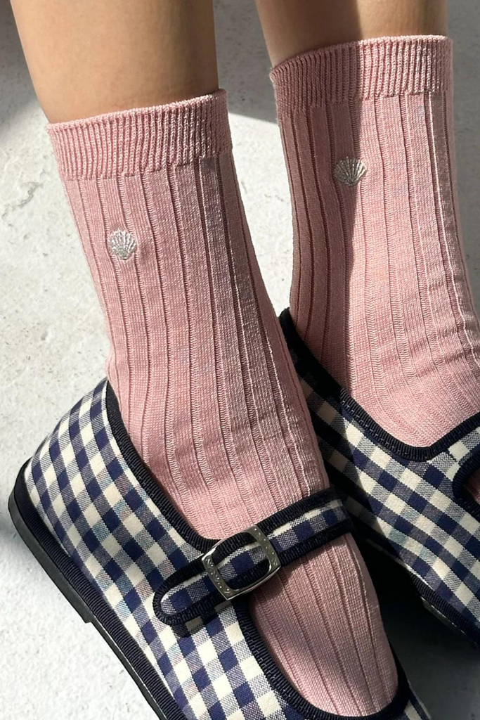 Le Bon Shoppe Embroidered Her Socks Pink Soda + Silver Seashell at Parc Shop