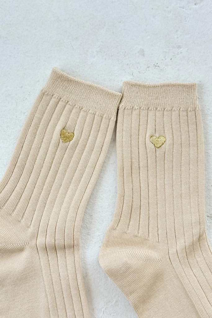 Le Bon Shoppe Embroidered Her Socks in Porcelain + Gold Heart at Parc Shop