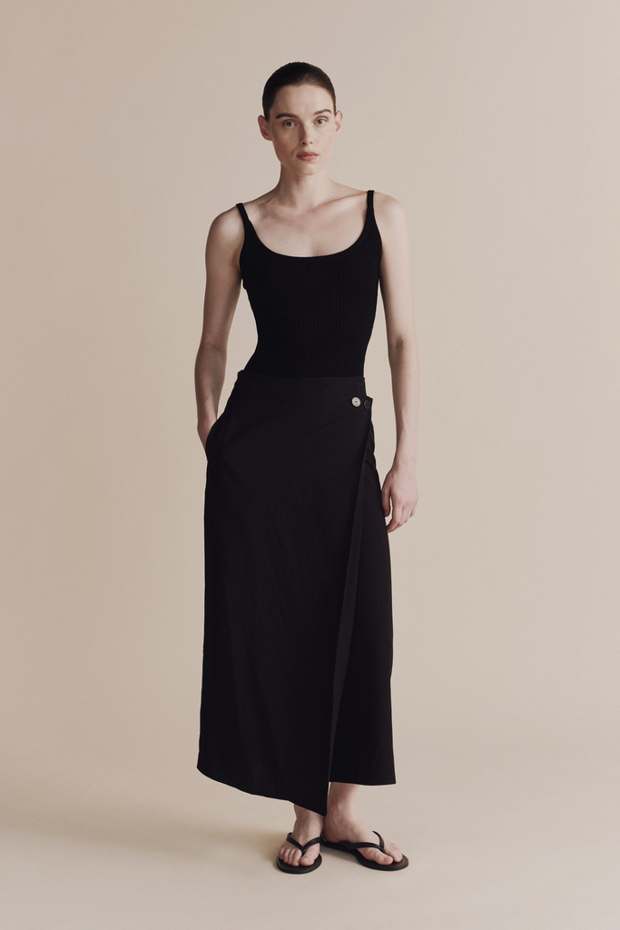 Mijeong Park Linen Blend Maxi Wrap Skirt in Black at Parc Shop | Minneapolis, MN