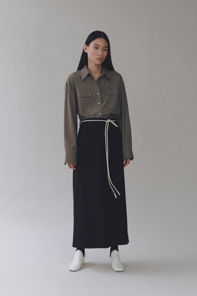 Mijeong Park Wool Blend Maxi Wrap Skirt in Navy at Parc Shop | Minneapolis, MN